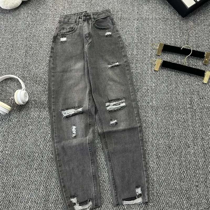 quần baggy nữ rách gối hai kiểu màu xanh và xám chât liệu cao cấp  kiểu dáng thời thượng Jean Pants Denim Có Túi Lưng Cao Khuy 4