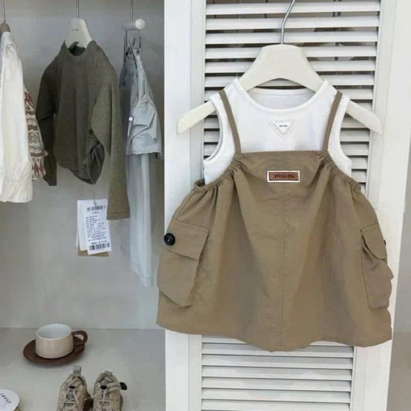 [Hahakids] Set áo cotton trắng, váy yếm nâu tây cho bé gái (Bé trộm vía bụ, cao tăng size)