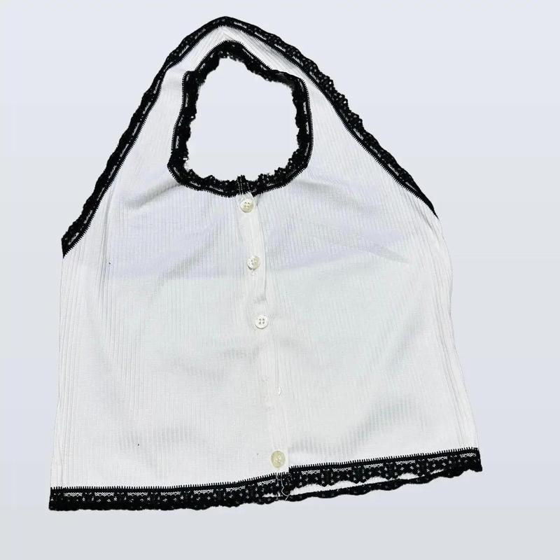 Áo thun yếm nữ crotop cài nút phối dây ren Women Croptop, Dáng Ngắn 0
