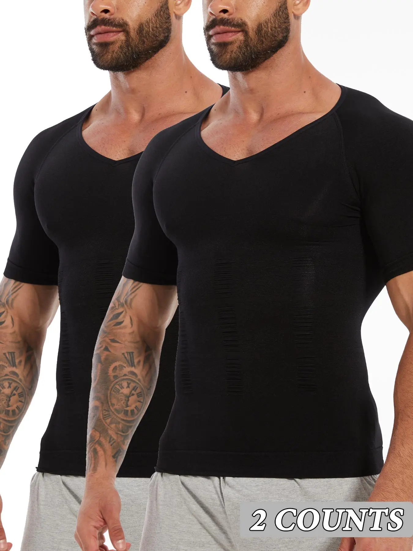 Men's Solid Color Compression Shapewear Tee, High Stretch V Neck Compression Shaper T-shirt, Tummy Control Shapewear Top for Daily Wear