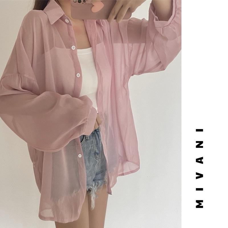 Áo Sơ Mi Nữ Dài Tay Voan Mỏng Khoác Ngoài Đi Biển Oversize Nhiều Màu, Áo Khoác Đi Biển Voan Tơ Giấy Trong Suốt 4