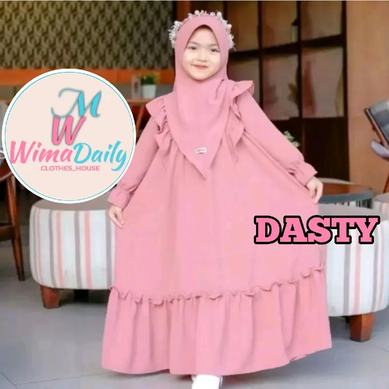 WIMA_id Set Gamis Anak Marwah Polos Hitam Putih dengan Hijab Crinkle Airflow Nyaman Simple Lebaran Muslim Baju Syari Dress Tanggung Cantik Lembut Model 2025 Baju Gamis Anak Satu Set Jilbab 4