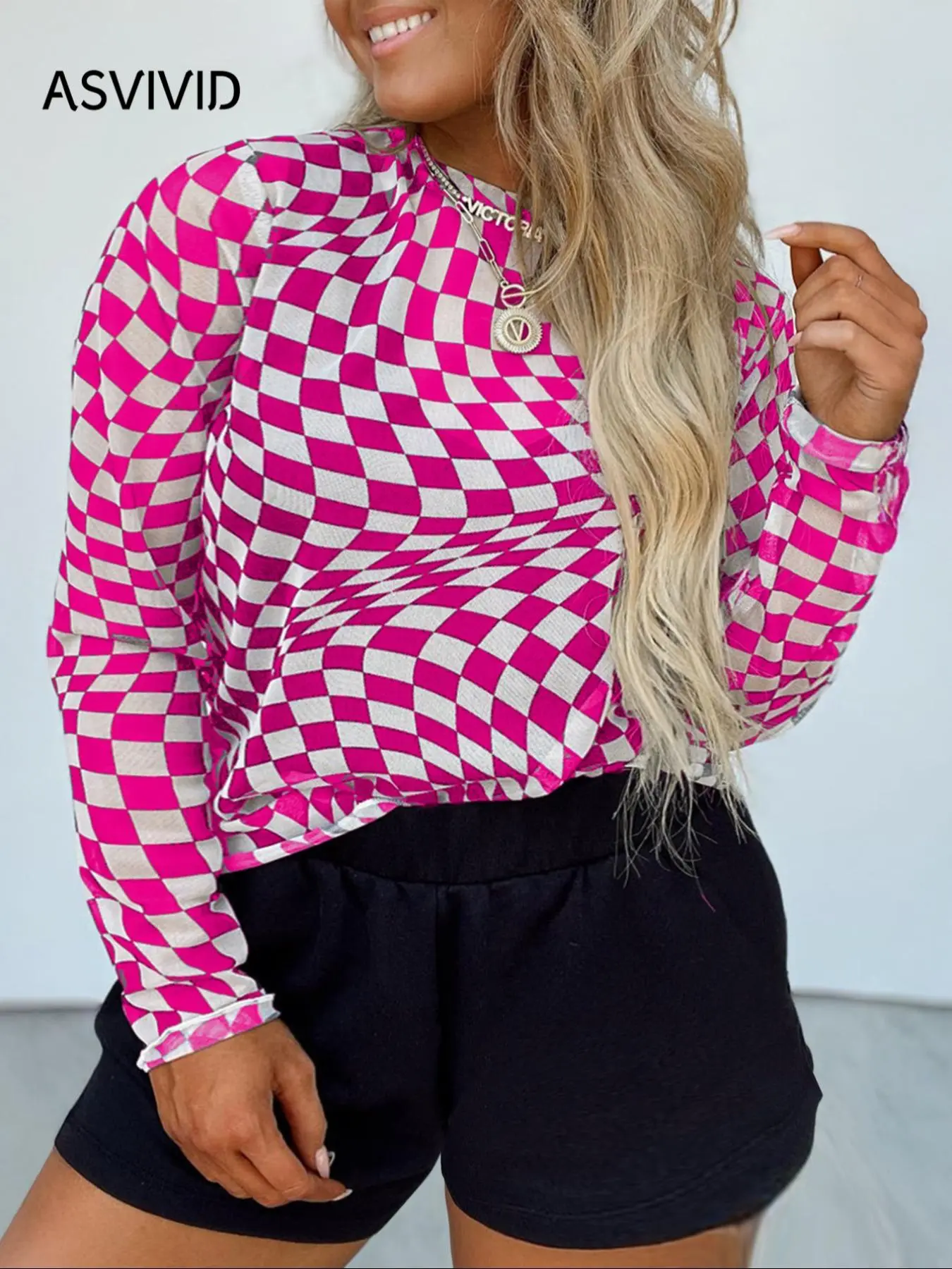 【Plus Size】 Plaid Print Round Neck Tee, Casual Long Sleeve Crew Neck Top for Summer, Women's Plus Clothing for Daily Wear