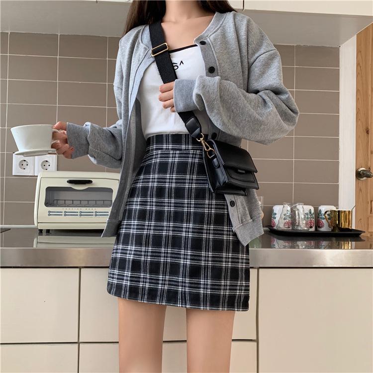 Product Introduction of Half length skirt, women's autumn outfit, new plaid bag buttacks half length skirt, black college style high waist slimming bag buttons A-line short skirt 1