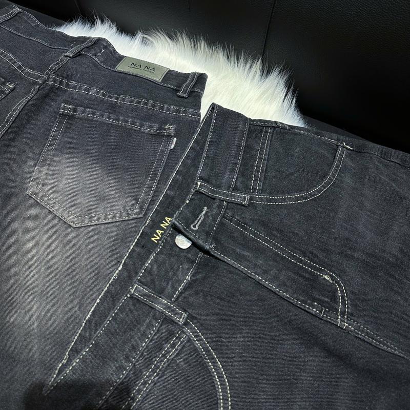 [N940- NaNa Denim Fashion] - Quần Jean Suông không co dãn chất vải QC màu đen wash dài 97cm 1