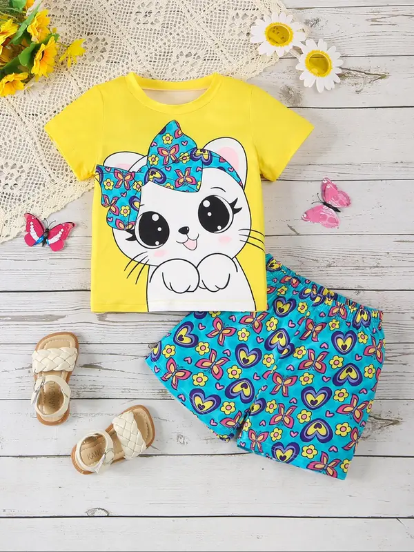 Lu's Chic Women's Cute Blue Cat Pajama Set - Cotton Blend Short Sleeve Tee & Shorts (Large, 2-Piece Sleepwear) - View #8