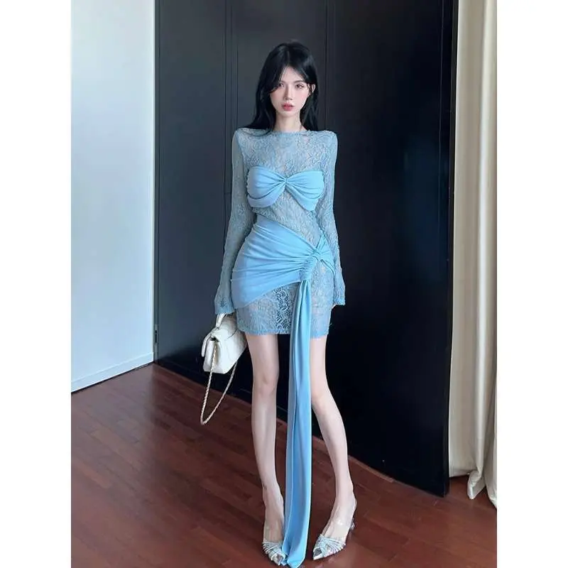 Váy Ren, Bất Đối Xứng, Hai Mảnh, Không Đều, Dành Cho Nữ, Mùa Thu Và Mùa Đông, Dễ Thương Và Gợi Cảm, Váy Bodycon Gợi Cảm, Váy Áo Ống Tôn Dáng Voi