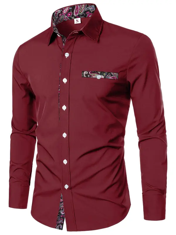 Men's Slim Paisley Print Button Front Shirt, Comfy Long Sleeve Tops for All Seasons, Casual Fashion Comfy Top for Men 0