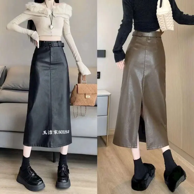 8018 .Chân váy da dài , dáng xuông A, xẻ sau, dài 80cm, kèm đai. chân  váy Nữ 0