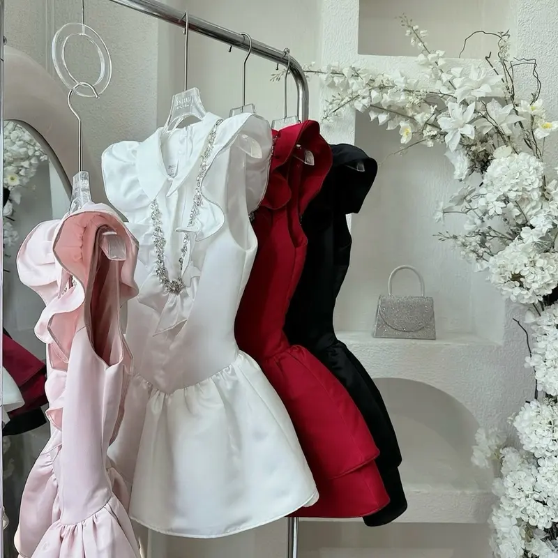 Đầm cườm cổ bèo V tùng 2 tầng Women váy  chỉ giặt tay đính đá nơ tiệc 1