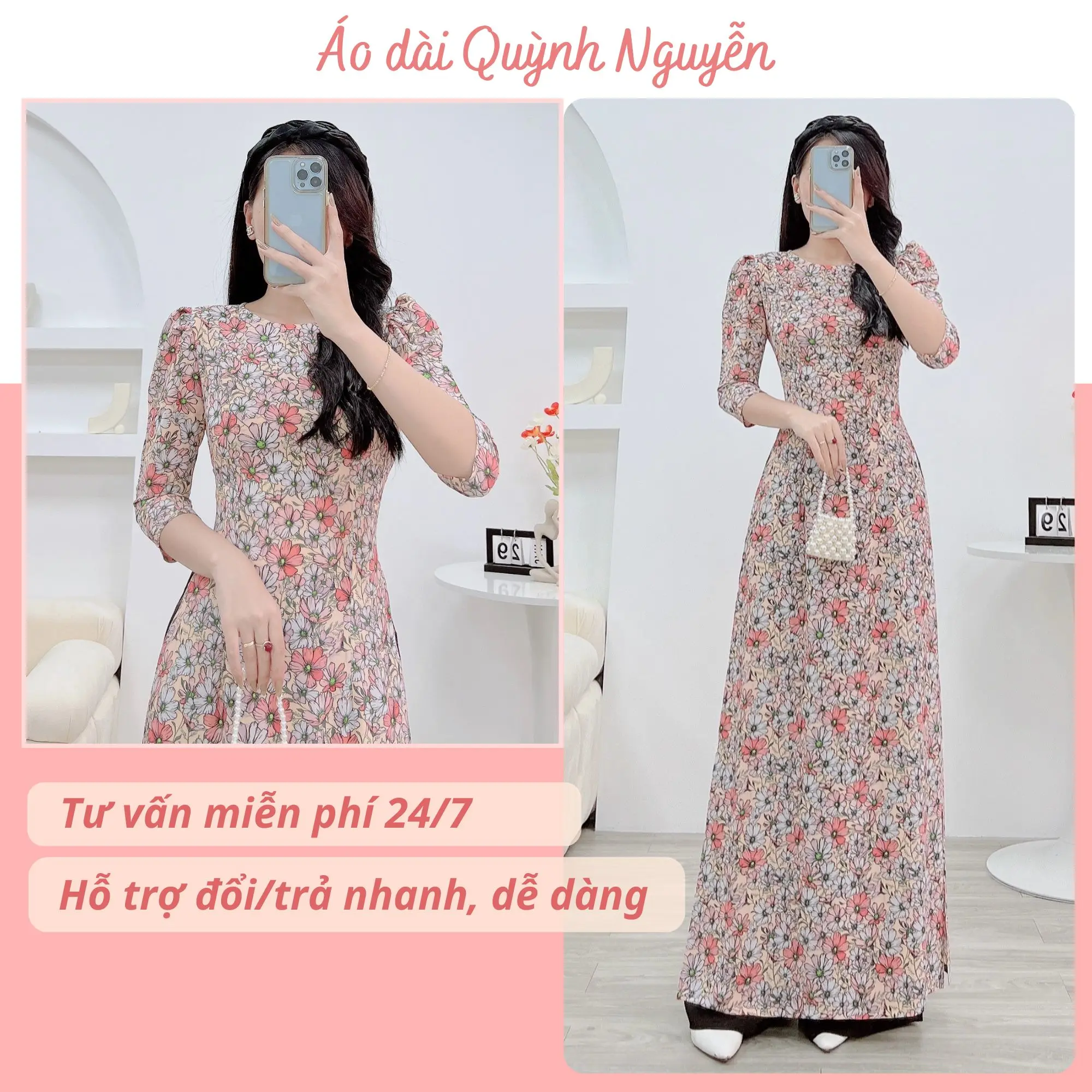 Áo dài hoa nhí lụa nhật in 6D - MÃ N24 Nữ Women Dress