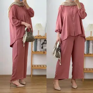 Azalea One Set Jumbo LD 120 Cm | Setelan Atasan Tunik Muslim Wanita Dewasa Lengan Balon Full Kancing Kerah Kemeja Kain Crinkle Airflow Jumbo Celana Panjang Kulot Full Karet