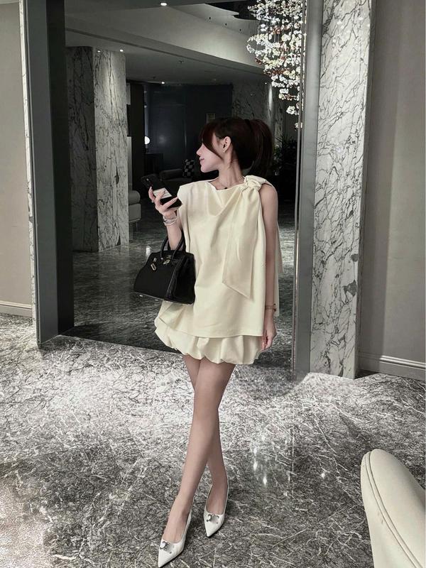 Set Áo Buộc Nơ Kèm Váy Bồng Cao Cấp - LIING Nữ Women Kem 0