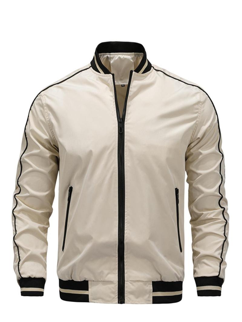 Product Introduction of Men's Striped Trim Zip Up Bomber Jacket, Casual Comfy Long Sleeve Baseball Collar Outerwear for Spring & Fall, Fashion Men's Clothes for Daily Wear 7