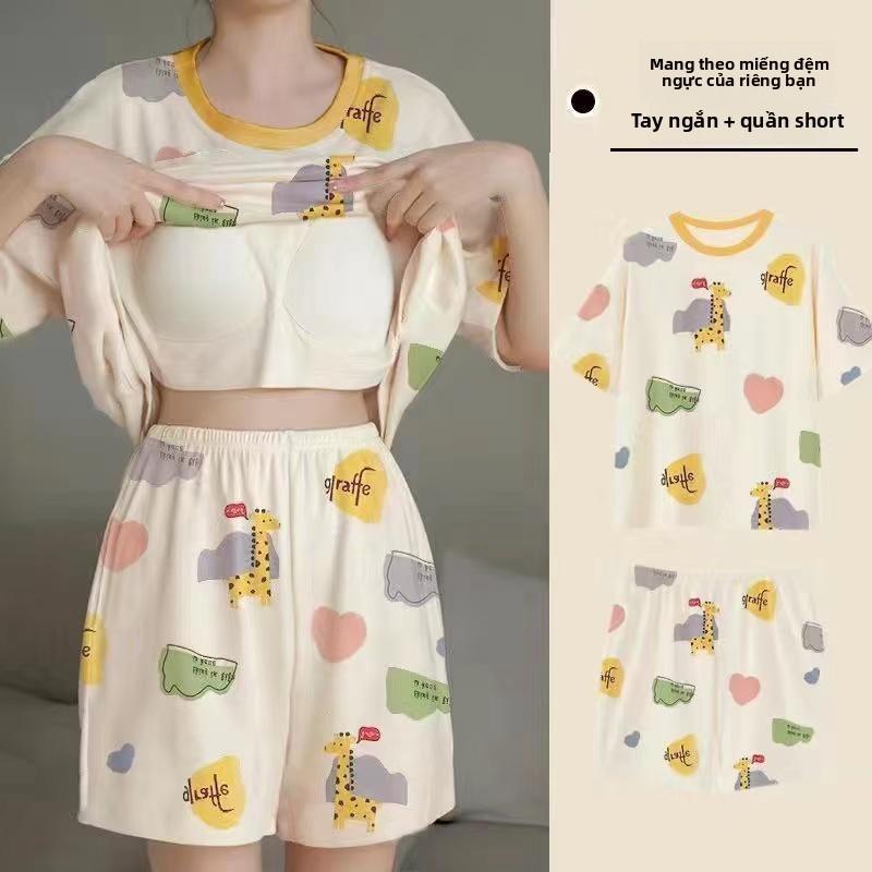 Bộ Đồ Ngủ, Vải Nảy Mềm, Tay Ngắn, Cổ Tròn, Có Áo Ngực Tích Hợp, Dành Cho Phụ Nữ Và Phụ Nữ, In Hình Hoạt Hình Dễ Thương, Thiết Kế Mặt Cười, Quần Đùi ngắn Tay, Bộ Đồ Mặc Nhà, Hàng Có Sẵn Sẵn Để Gửi 7