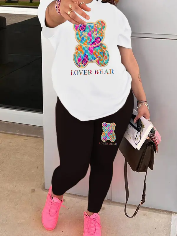 Women's Cartoon Bear Letter Print Skinny Pants Set, Summer Clothes Women, Short Sleeve T-shirt & Leggings Two Piece Set, Lady Casual Clothes for Daily Wear, Womenswear, Co Ord Set Summer 0