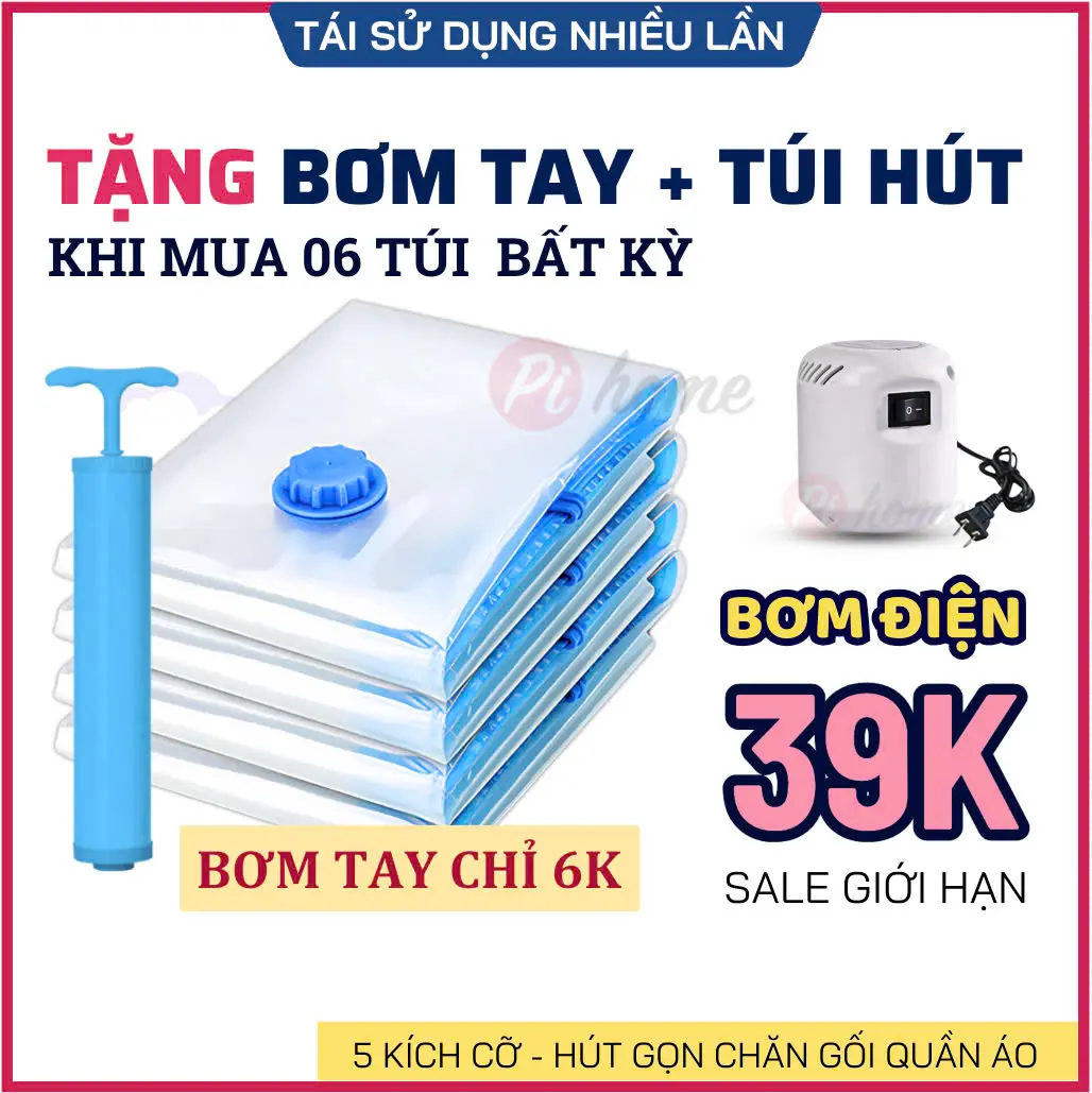 [TẶNG TÚI + BƠM] Túi hút chân không quần áo PIHOME. Túi đựng đồ quần áo hút gọn công nghệ Nhật, chất liệu PA-PE bền dày