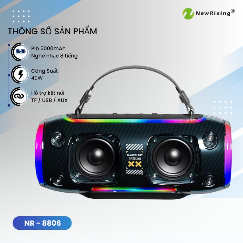   New Rixing  Loa bluetooth NR-8806 công suất 40w  Pin 5000mAh nghe nhạc 8 tiếng . Lựa chọn phiên bản có mic hoặc không mic hát karaoke tùy ý . Hỗ trợ AUX TF USB . Bảo hành 12 tháng lỗi 1 đổi 1 Củ Loa 