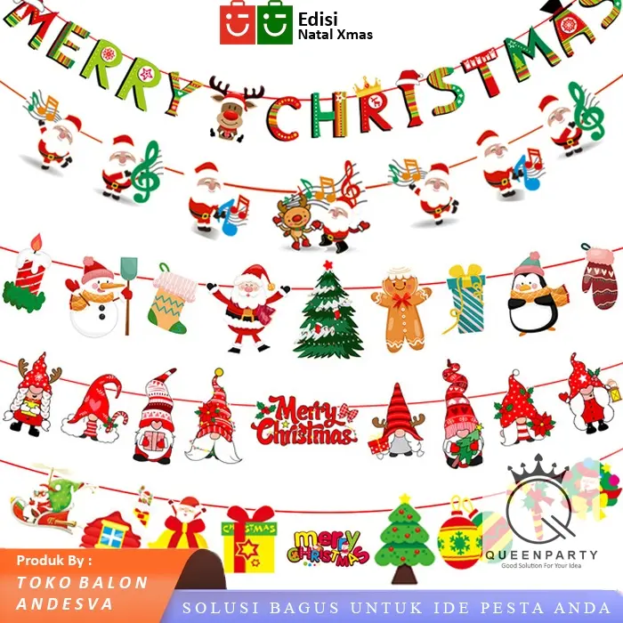 Bunting Flag Natal / Banner Ornamen Natal / Banner ornamen Pohon Natal / banner natal