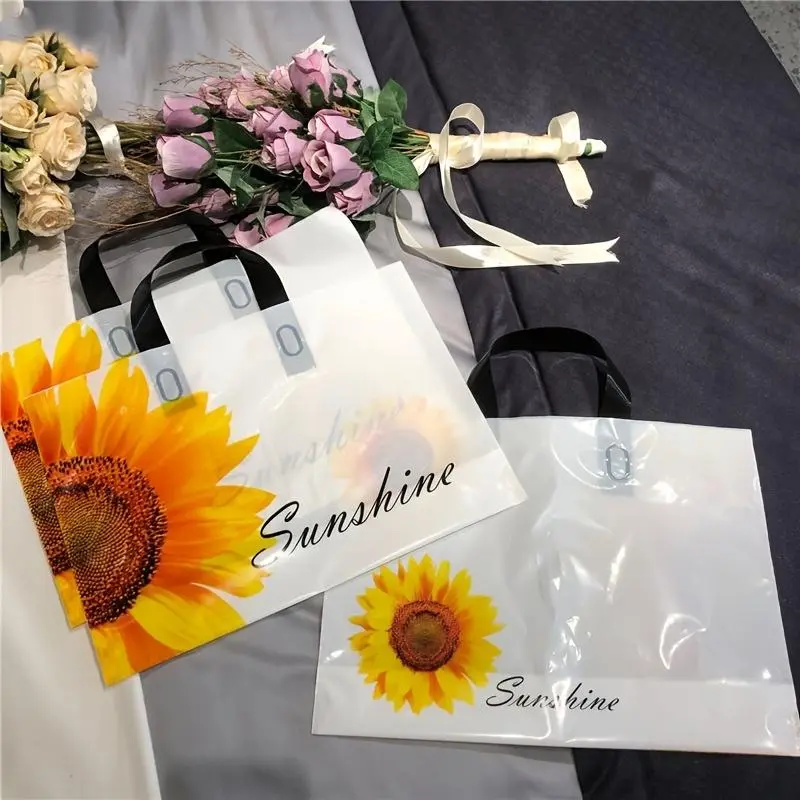 Sunflower Pattern Gift Bag, 50pcs Reusable Plastic Tote Bag with Handle, Gift Packaging Supplies for Wedding, Birthday, Baby Shower, Holiday Decorations 4