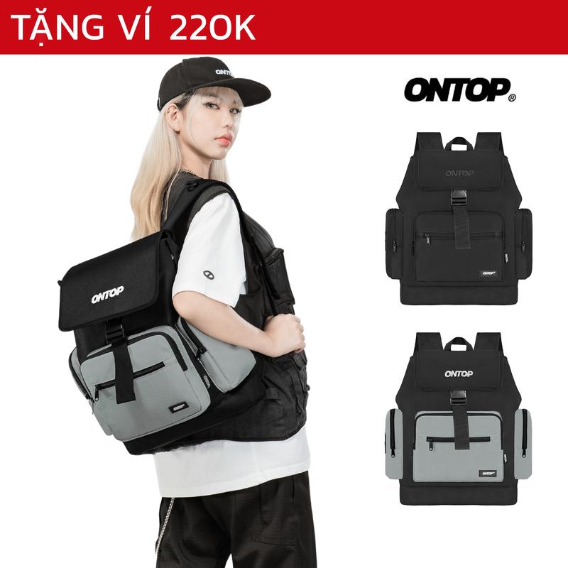 Balo nắp gập canvas nam nữ ONTOP nhiều ngăn, đựng vừa laptop 15.6inches màu đen, xám O-Straps Backpack | O-P50