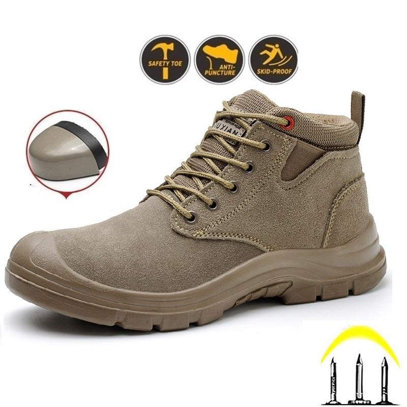   Mũi Thép-Đế Kevlar Giày Bảo Hộ Lao Động Cổ Cao GBH18,Giày Công Trình Da Lộn -Chống Đinh,Va Đập Tăng Ma Sát-Màu Nâu Be 