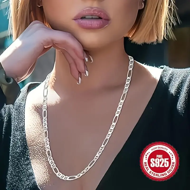 High Quality S925 Sterling Silvery Figaro Necklace, Anti-Allergic Italian Craftsmanship Mirror Polishing, Fashionable and Simple Valentine's Day Graduation Season Anniversary Gift, Suitable for Daily Gatherings and Holiday Wear