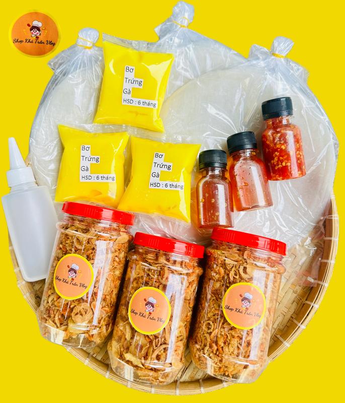 129 FREESHIP Combo Tri Ân Bánh Tráng Phơi Sương Muối Tép Hành Phi Bơ Béo Kèm Sốt Tắc Ớt Rim và Chai Đựng Bơ