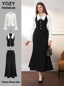 YOZY Women's Solid Button Front Flounce Sleeve Ruched Shirt & Flap Pocket Vest & Skirt Three-Piece Set, Women's Clothing for Fall, Valentine's Day Outfit
