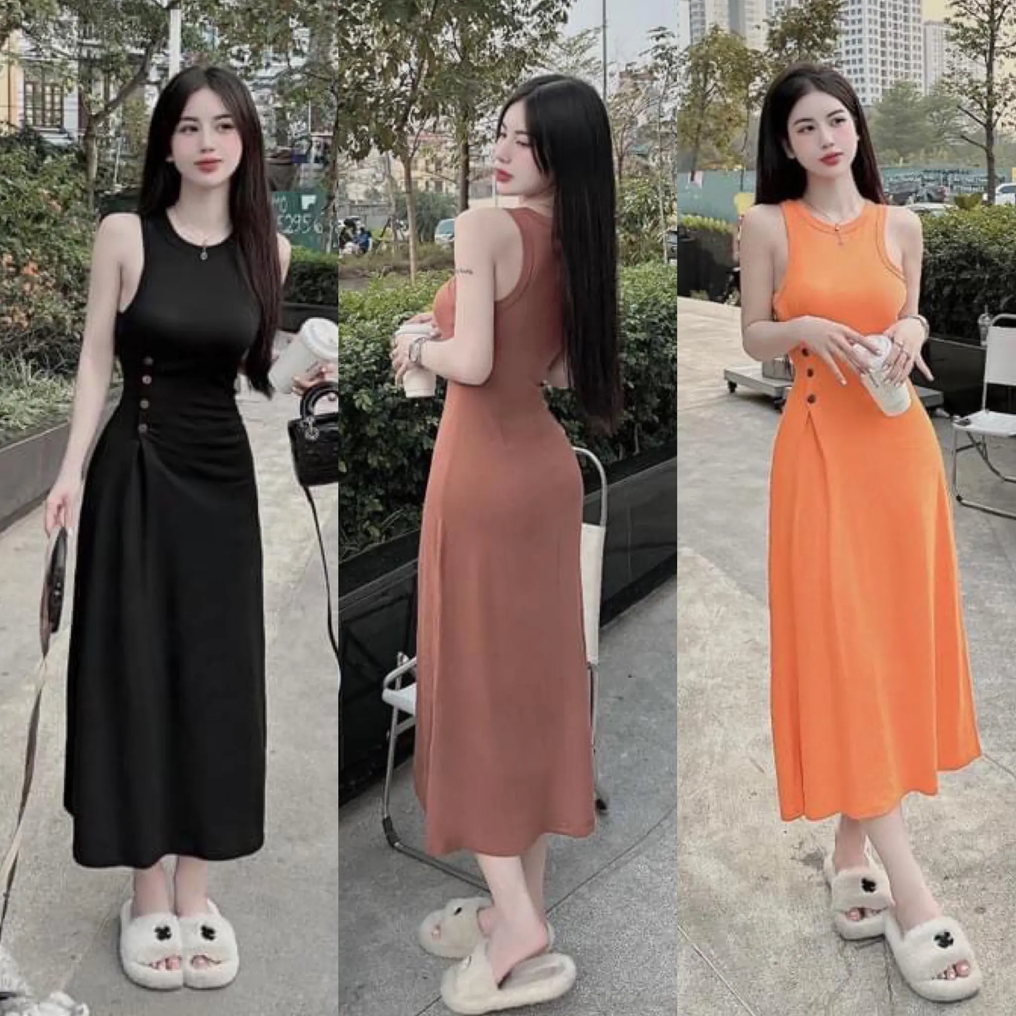 Đầm sát nách phom dài dáng xoè phối nút chất thun dẻo co giãn MBB65