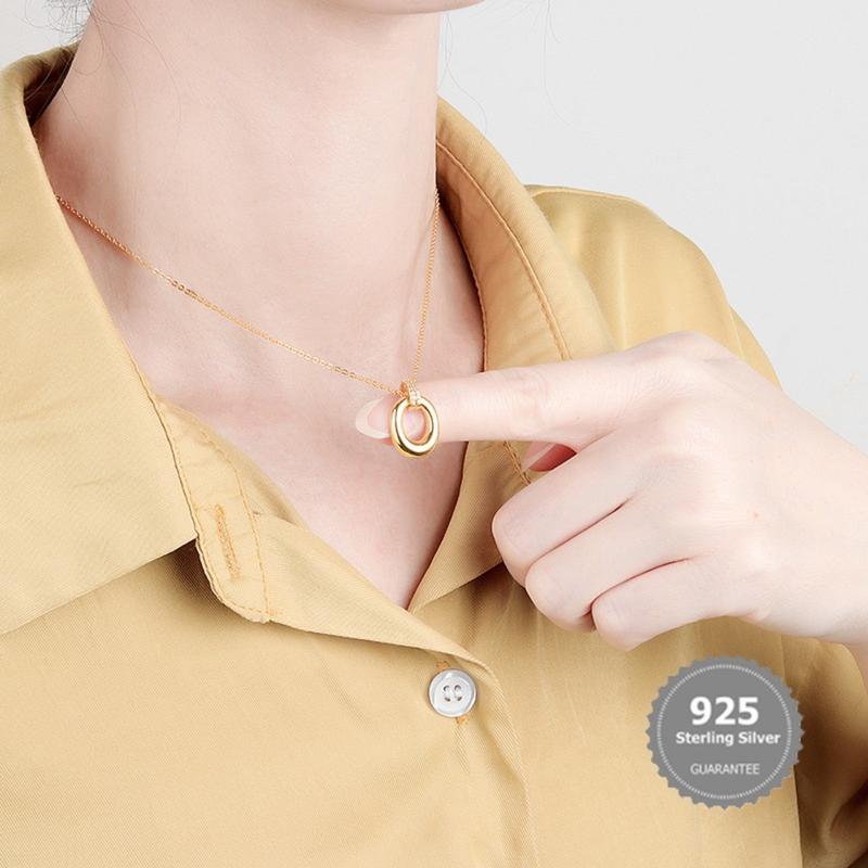 Product Introduction of S925 Silver Geometric Ellipse Double Ring Necklace Diamond Ring Simple All-Match Necklace 19