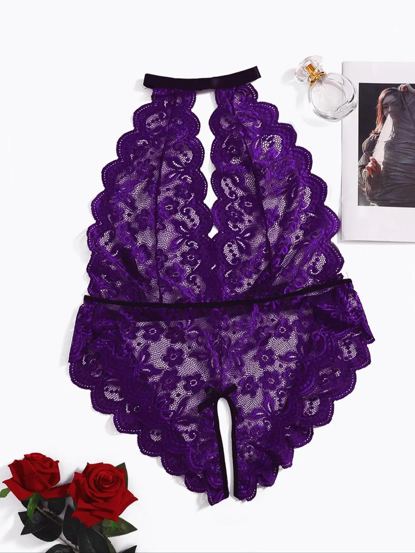 Plus Size Solid Backless Scallop Trim Halter Neck Lace Sleep Bodusuit, Plus Size Sheer Tie Back Sleeveless Sleepwear, Women's Plus Sleepwear for All Seasons