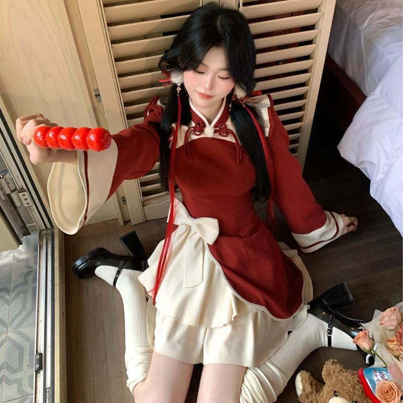 Váy Khâu Cải Tiến Phong Cách Trung Quốc Mới, Yao Luo Zhu Ying, Váy Dài Giả Hai Lớp, Đồng Phục Quân Đội Cổ Trang Năm Mới, Màu Đỏ Trung Quốc Thanh Lịch Nữ Women Dress Khuy 2
