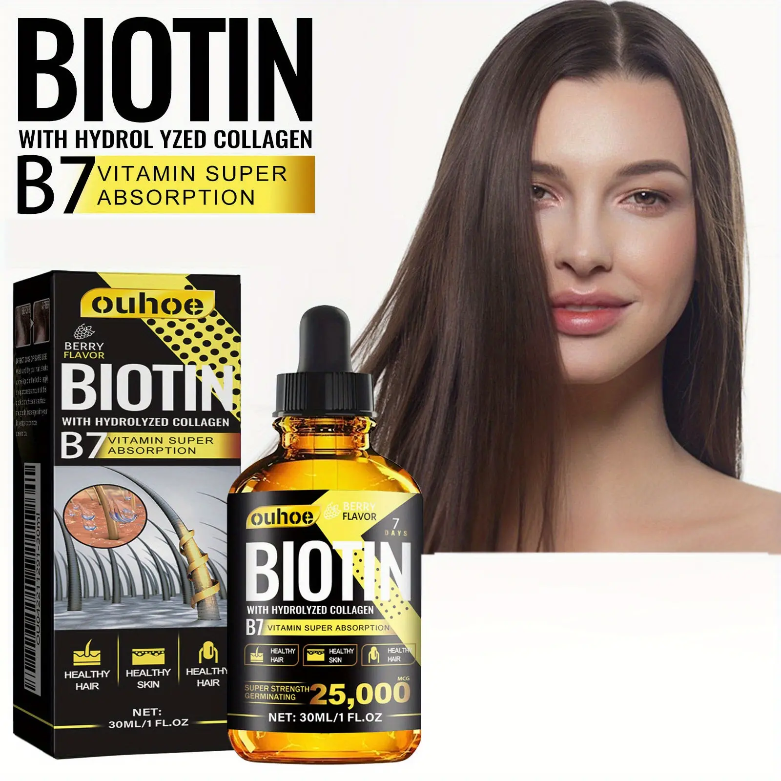 Biotin Hair Serum, 30ml - Berry Flavored with Hydrolyzed Collagen & Vitamin B7 for Enhanced Absorption, Healthy and Thick Hair Growth Treatment, Contains Glycerin, Citric Acid, Stevia Extract Haircare Comfort