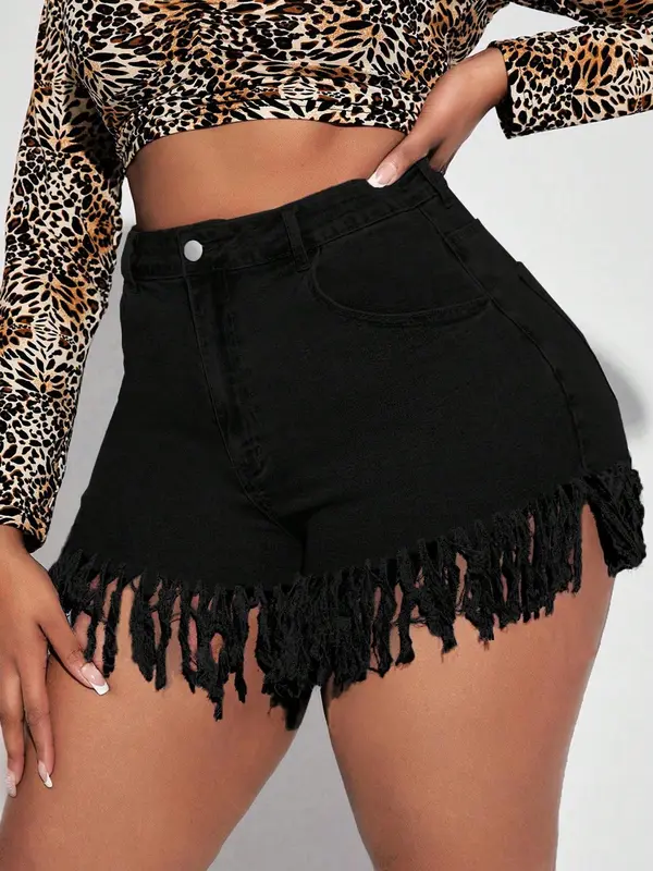 【plus Size】 Fringe Trim Denim Shorts, Casual Fitted Zipper Fly Shorts for Daily Wear, Women's Bottoms for All Seasons, Womenswear, Denim Shorts, Casual Fashion Shorts, Casual Comfy Shorts 4