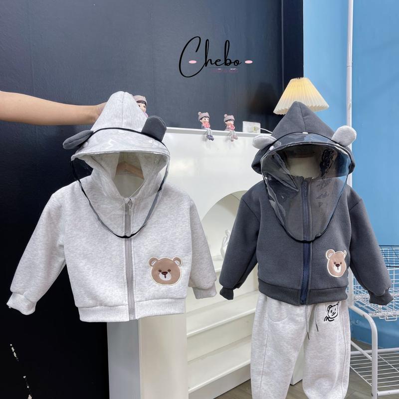 Áo khoác cho bé có mũ hoạ tiết thêu Gấu 3D chất nỉ trần bông dày dặn ấm áp mùa đông, áo khoác có tấm chắn gió chắn bụi tiện lợi - Chebokids