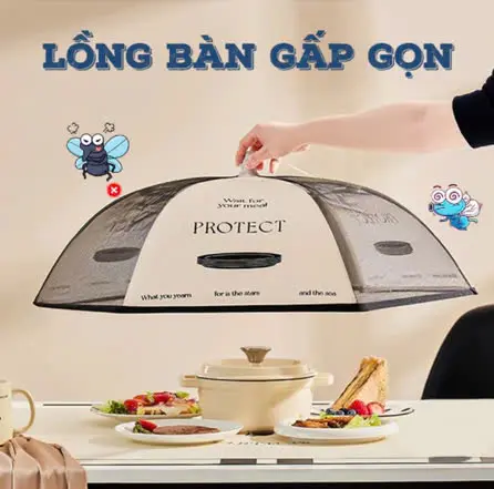 Lồng Bàn Đậy Thức Ăn Vải Lưới Gấp Gọn, Thông Minh, Chất Liệu An Toàn Hình Tròn 70x70x24cm