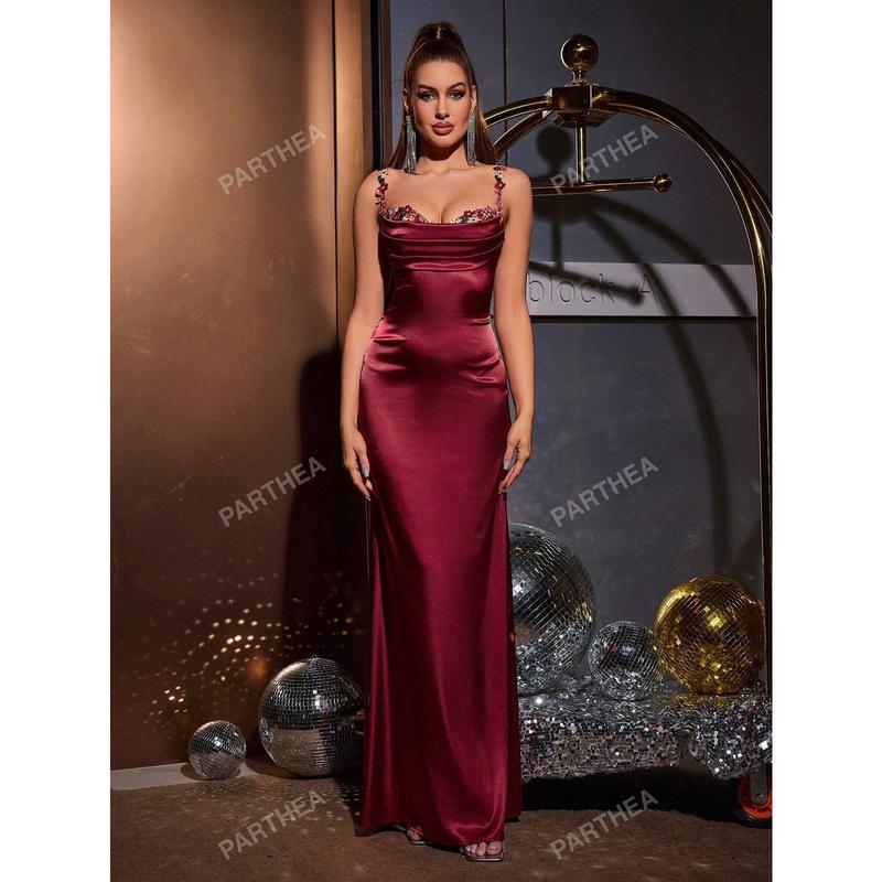 PARTHEA Spaghetti Straps Flower Detail Ruched Satin Elegant Long Dress Fit Formal 3