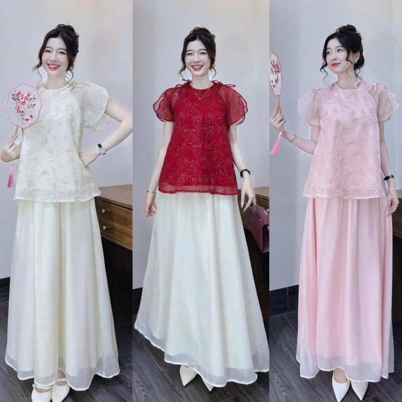Sét bộ tơ thêu áo tay bồng cổ tròn vai cột nơ mix chân váy xòe dài 2 lớp cho nàng thơ dịu dàng diện đi chơi noen lễ tết