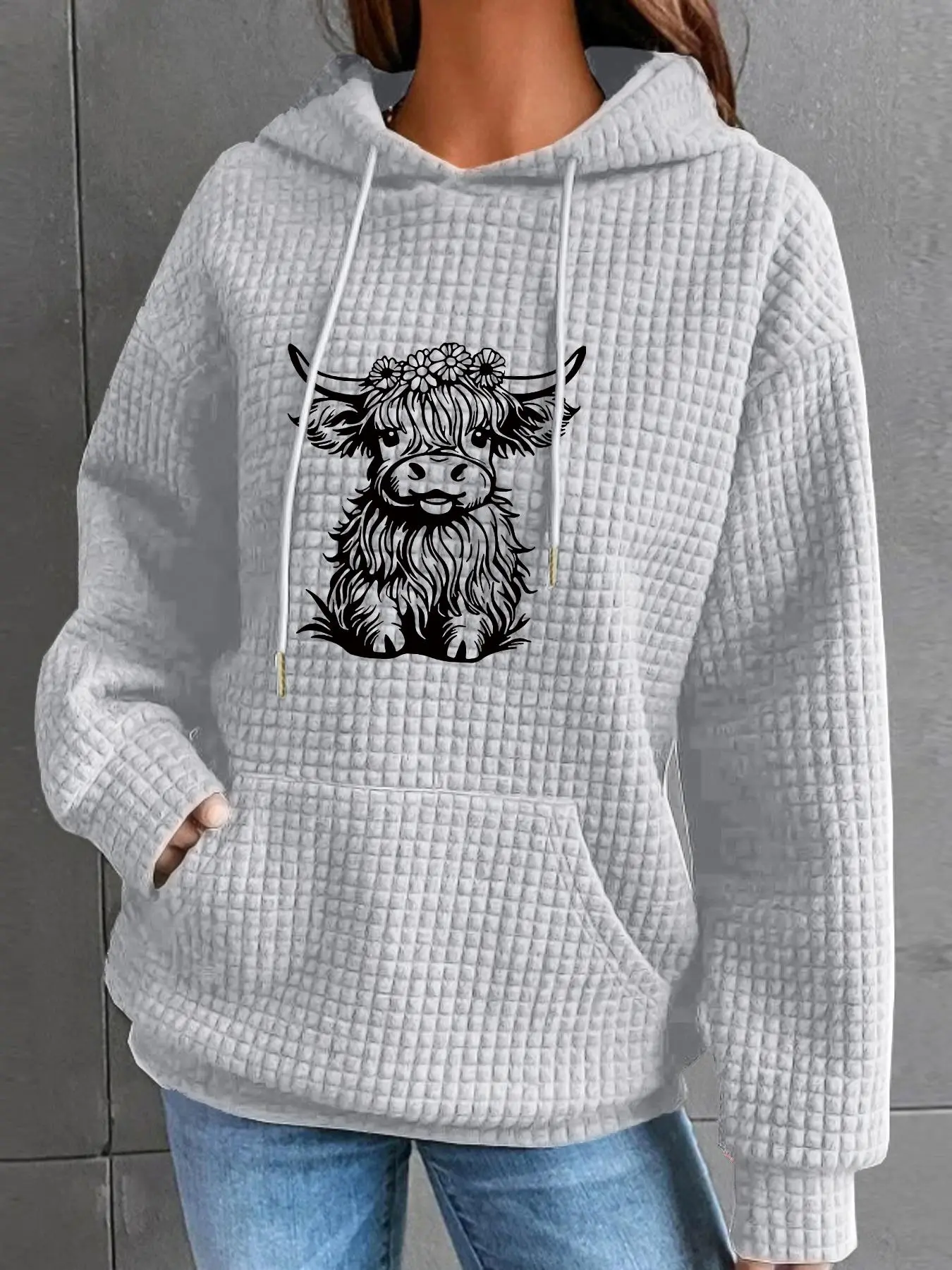 Women's Highland Cow Print Drop Shoulder Hoodie, Fashion Casual Drawstring Pocket Hooded Sweatshirt for Daily Holiday Outdoor Wear, Women Clothing for Fall & Winter