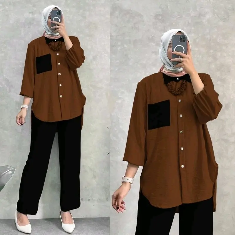 Alllena One Set Kringkel Airflow Premium Terbaru | Setelan Cringkel Airflow Premium Busui - Atasan Celana Kombinasi Crinkle Kancing Muslim Karet Nyaman Panjang Variasi Baju 2