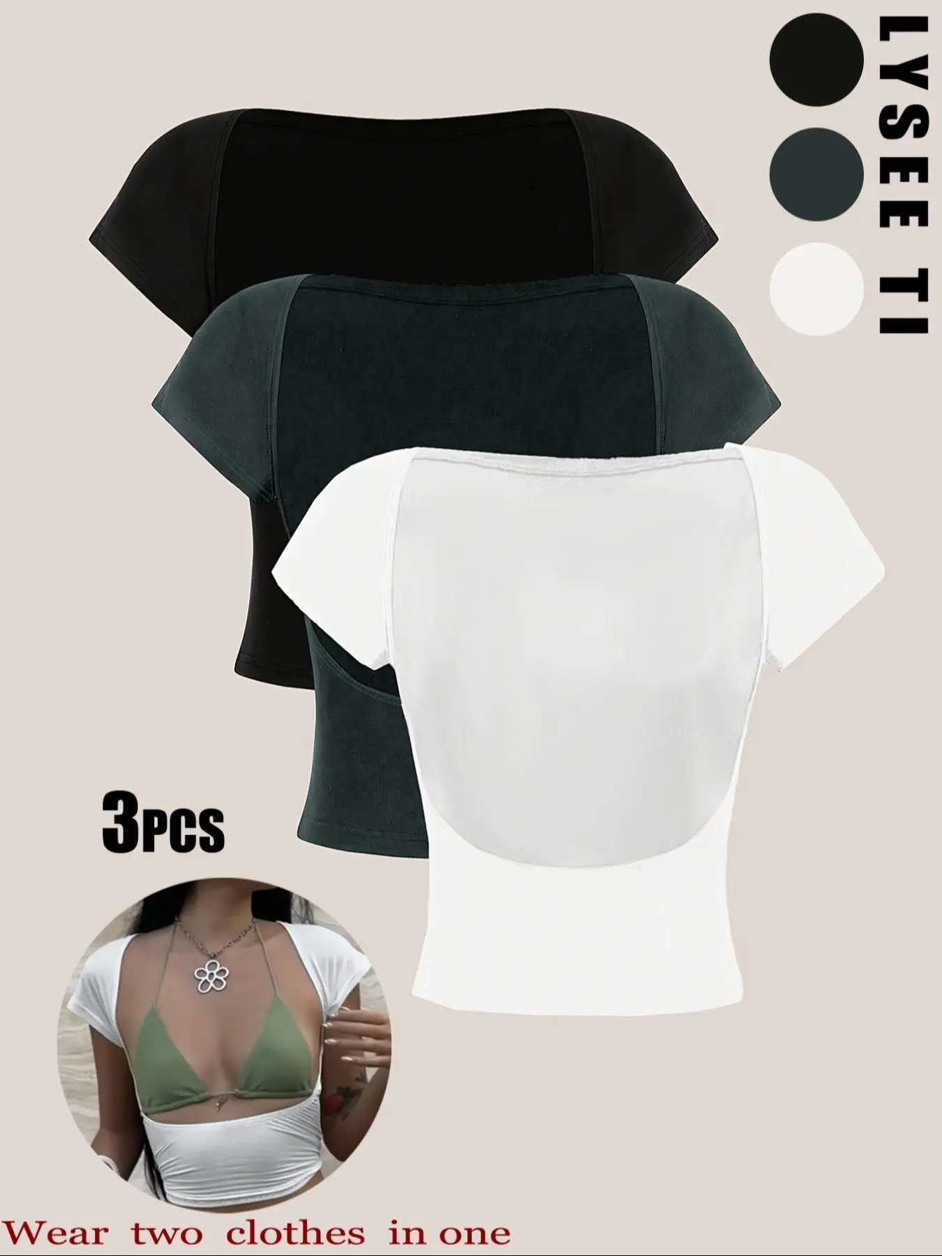3pcs Women's Casual Fashionable Sexy Backless High Stretch Short Sleeve T-shirt, Multi-color Three Piece Set, Crop Top