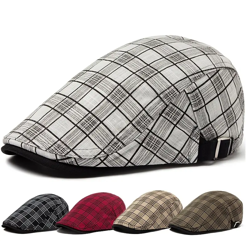 Adjustable Vintage Plaid Beret Cap for Men & Women - Soft Linen Newsboy Hat with Black & White Pattern, Casual Flat Cap for Spring, Autumn & Summer