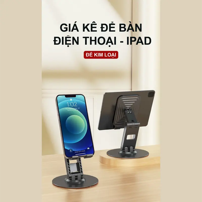 Giá đỡ điện thoại, ipad đế kim loại xoay 360 độ gấp gọn tiện dụng, phụ kiện giá kê cho phone, ipad 0