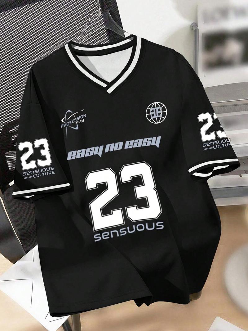 Product Introduction of Men's Letter & Number "23" Print Contrast Binding V Neck Tee, Regular Fit Casual Short Sleeve T-shirt for Summer, Men's Top for Daily Wear 5