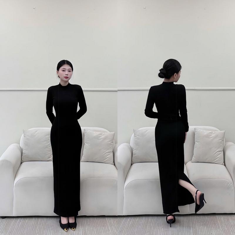 Đầm Body Form Dài Tay Dài, Vải Thun Gân Co Giãn 4 Chiều Ôm Body, Tôn Dáng Gợi Cảm, Xẻ Sau - LYC