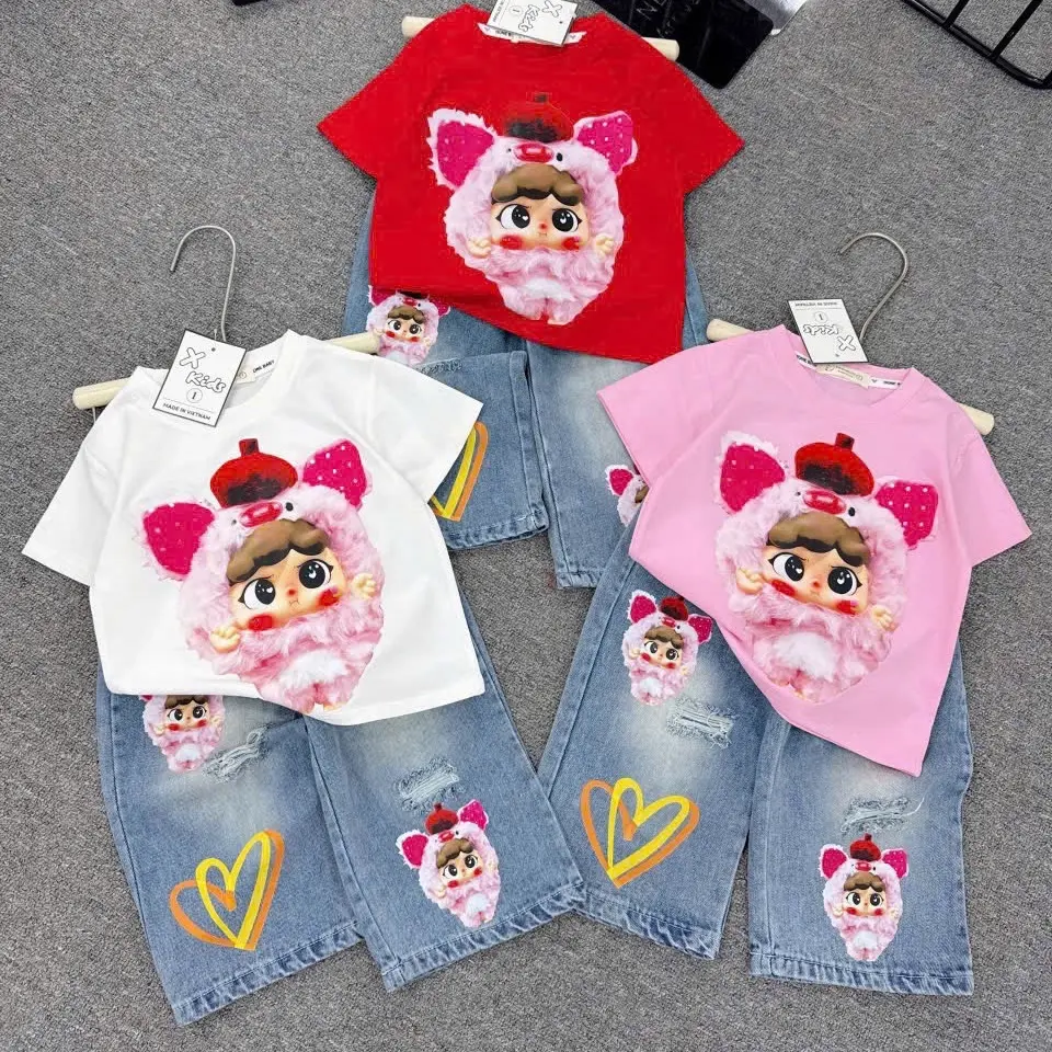 Bộ áo cotton hịn bé ba dễ thương kèm quần jean ống suông rách cute dành cho bé gái 10-30kg