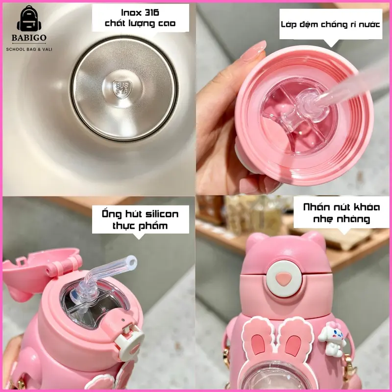 Bình nước giữ nhiệt trẻ em đi học INOX 316 500ml dễ thương đáng yêu cute có dây đeo tặng kèm sticker 2D, 3D BBG0722 binh giu 5