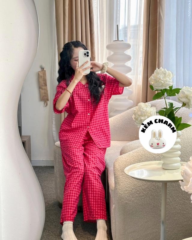 Bộ kẻ caro Cộc Dài Minoji Store nhiều màu chất đũi họa tiết dễ thương phong cách Hàn Quốc 1