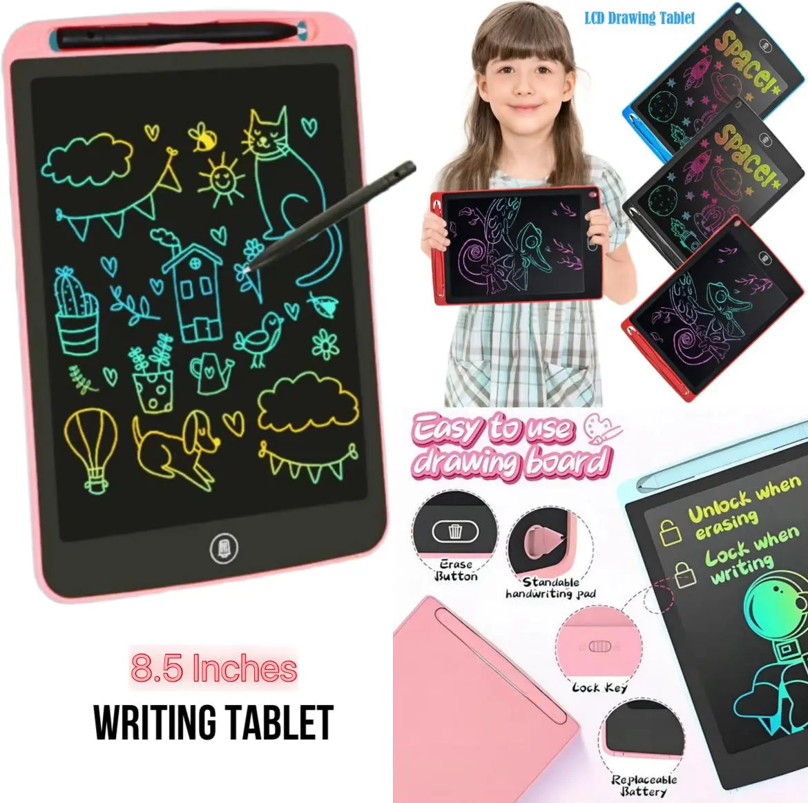 AJ MT Portable LCD Writing Tablet 8.5 Inches free pen with delete button lock unlock waterproof kids learning drawing board kid tablet pad magic blackboard with battery reusable high quality digital tablet electronic board handwriting free ship sale cod